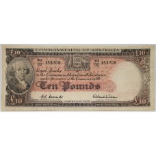 AUSTRALIA 1954 . TEN 10 POUNDS BANKNOTE . COOMBS / WILSON . FIRST PREFIX